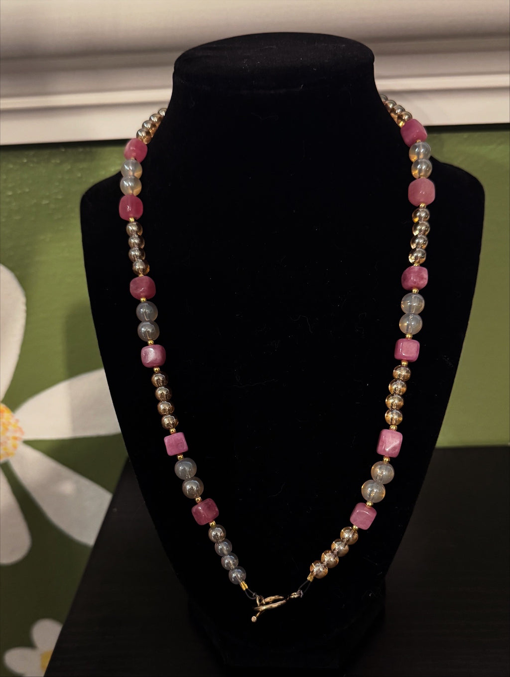 “Pretty in pink with champagne in her hand” beaded toggle charm necklace