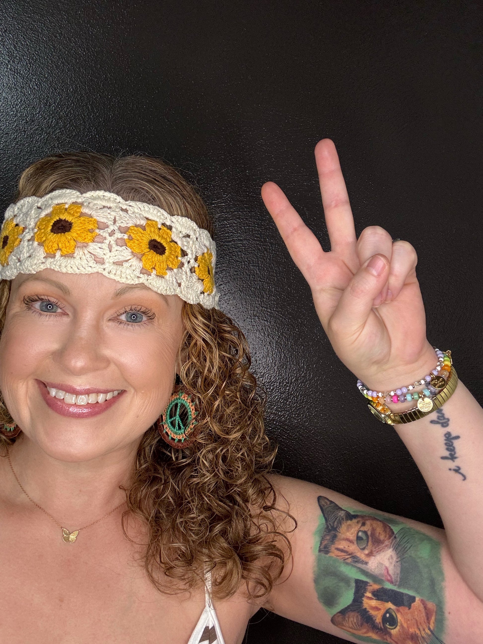 Knitted Peace Sign Earrings (brown, orange, & turquoise)