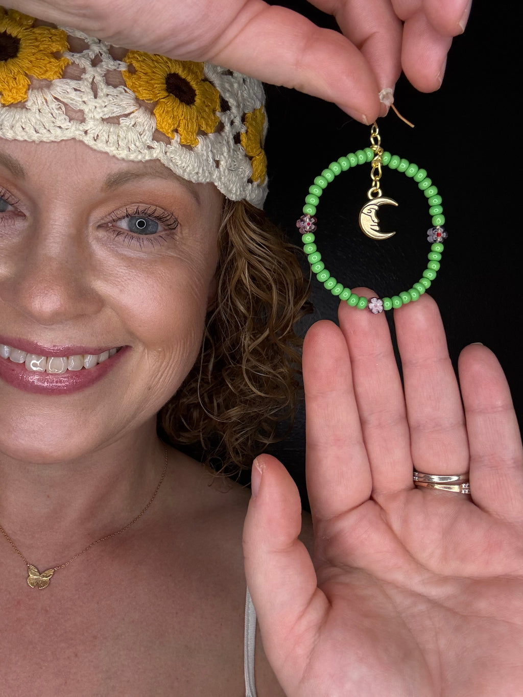 Handmade Beaded Hypoallergenic Moon Earrings (sage green)