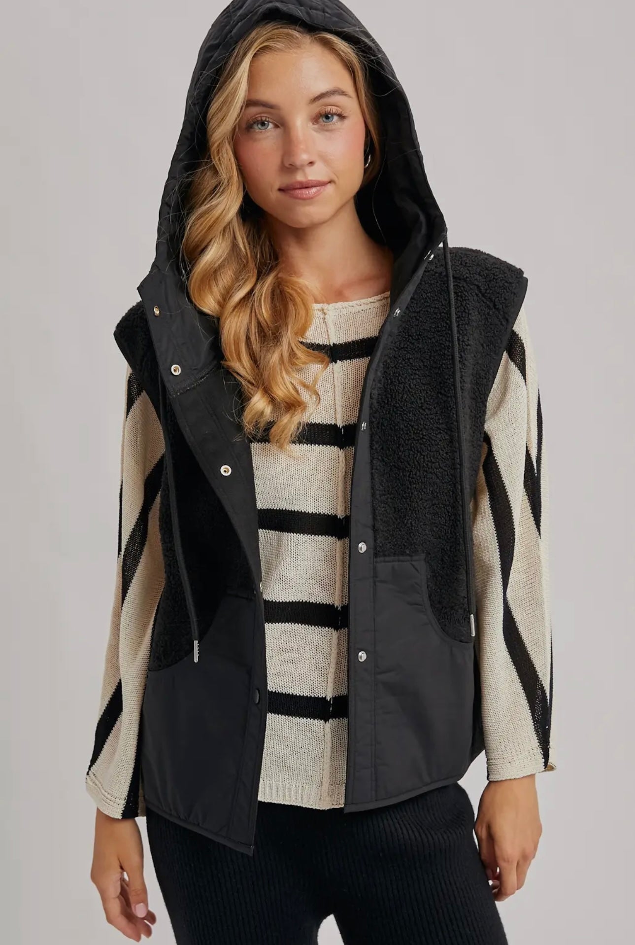 Blu Ivy Sherpa Fleece Hooded Vest with Faux Suede Inner - Black