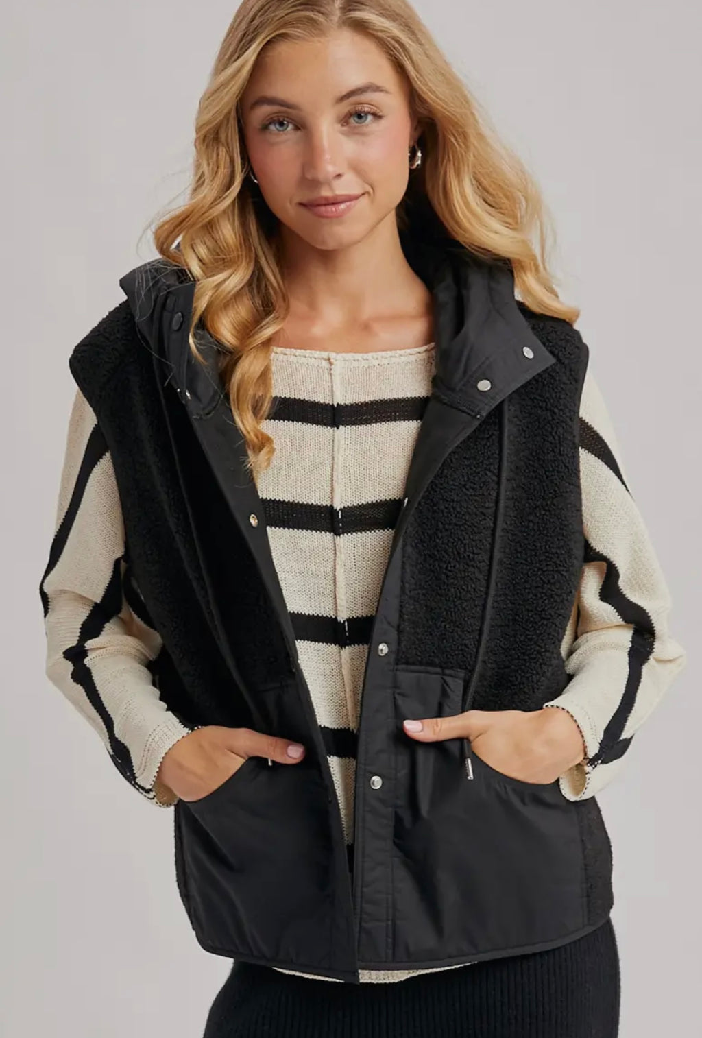 Blu Ivy Sherpa Fleece Hooded Vest with Faux Suede Inner - Black