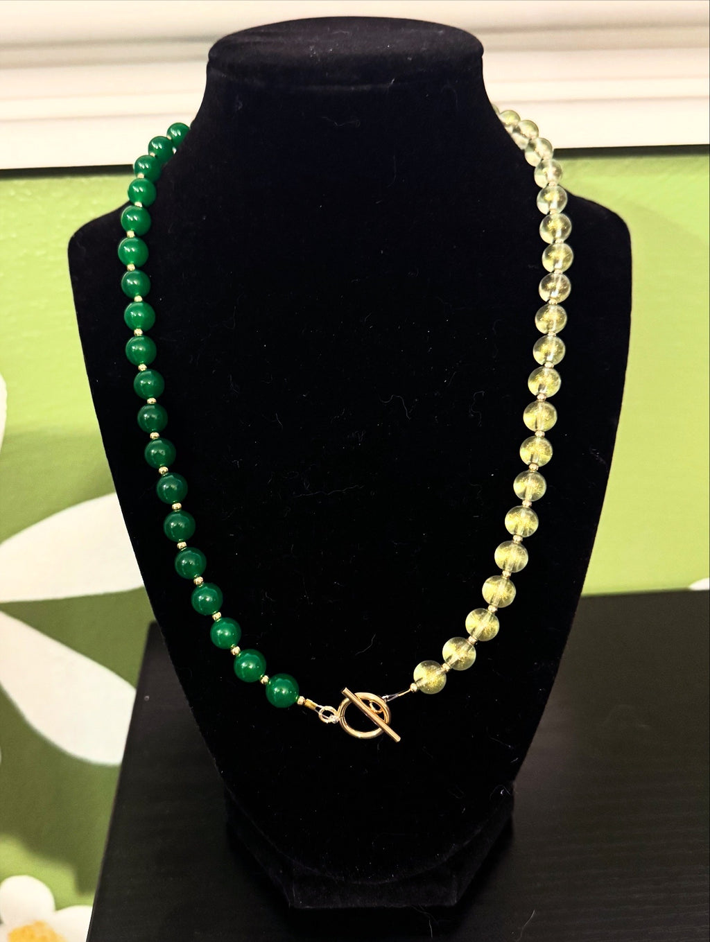 “Foxy Lady in Green” beaded toggle charm necklace