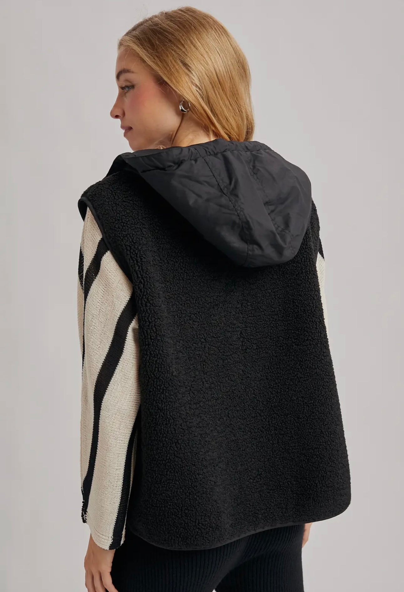 Blu Ivy Sherpa Fleece Hooded Vest with Faux Suede Inner - Black