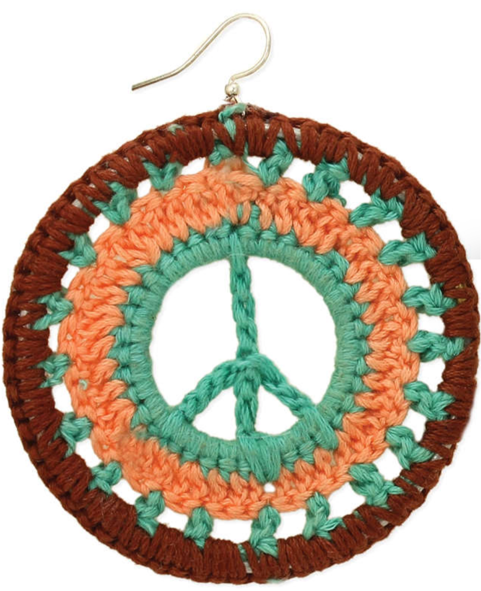 Knitted Peace Sign Earrings (brown, orange, & turquoise)
