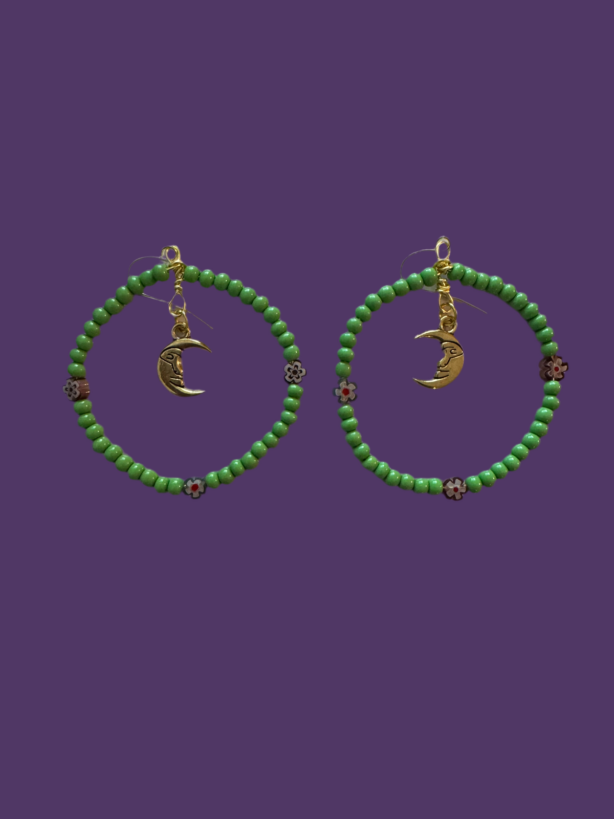 Handmade Beaded Hypoallergenic Moon Earrings (sage green)