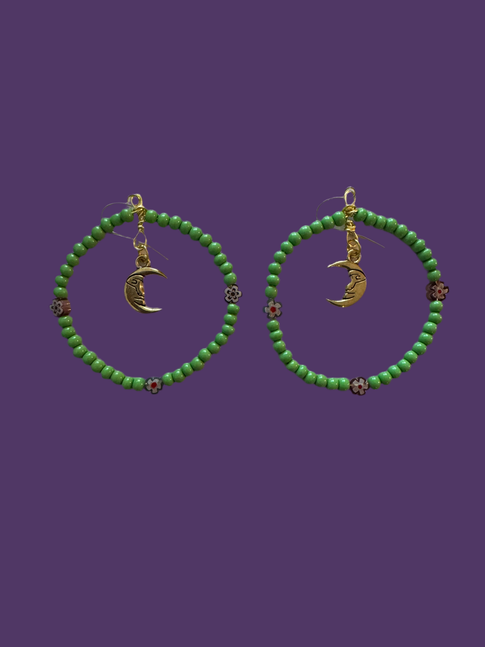Handmade Beaded Hypoallergenic Moon Earrings (sage green)