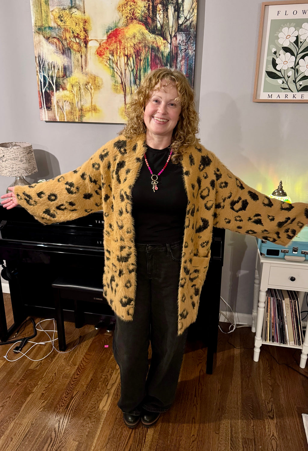 Purrfect Fuzzy Leopard Wide Sleeves Cardigan - Blu Ivy