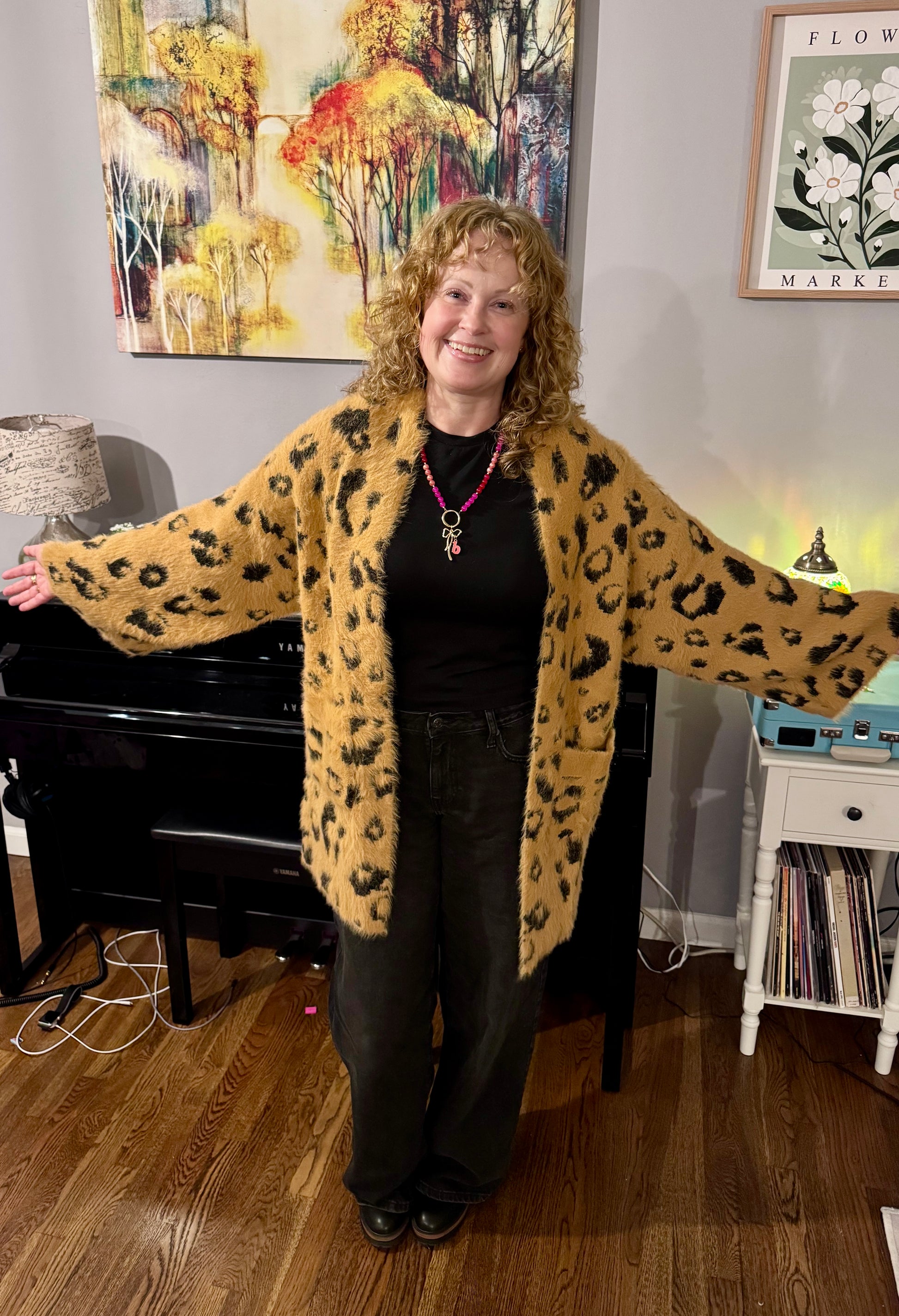 Purrfect Fuzzy Leopard Wide Sleeves Cardigan - Blu Ivy