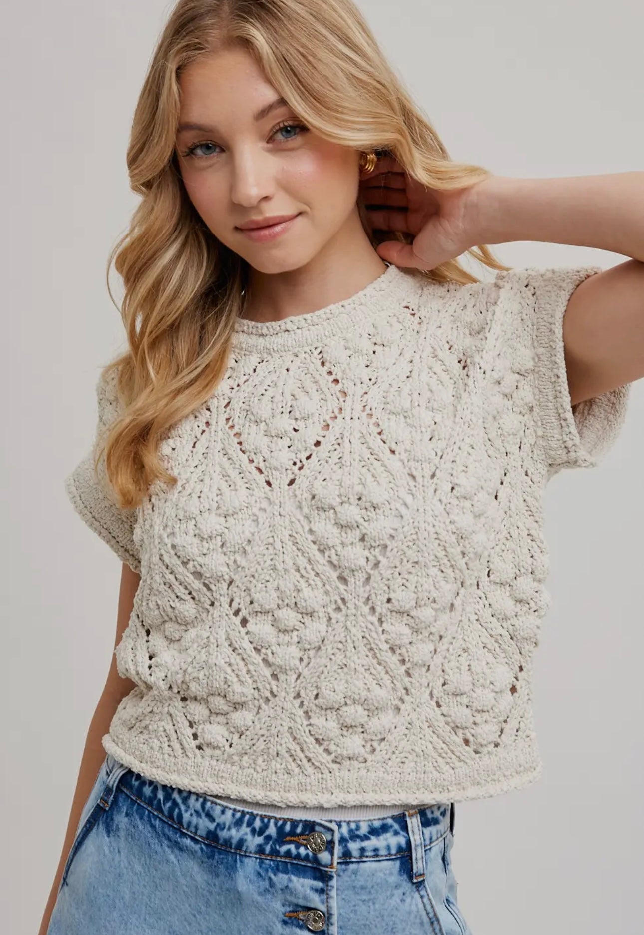 Blu Ivy Knit Sweater Short Sleeved Pullover - Natural