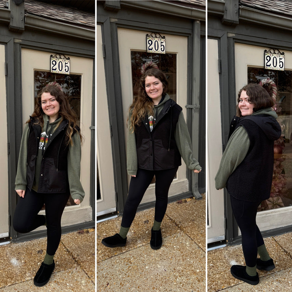 Blu Ivy Sherpa Fleece Hooded Vest with Faux Suede Inner - Black